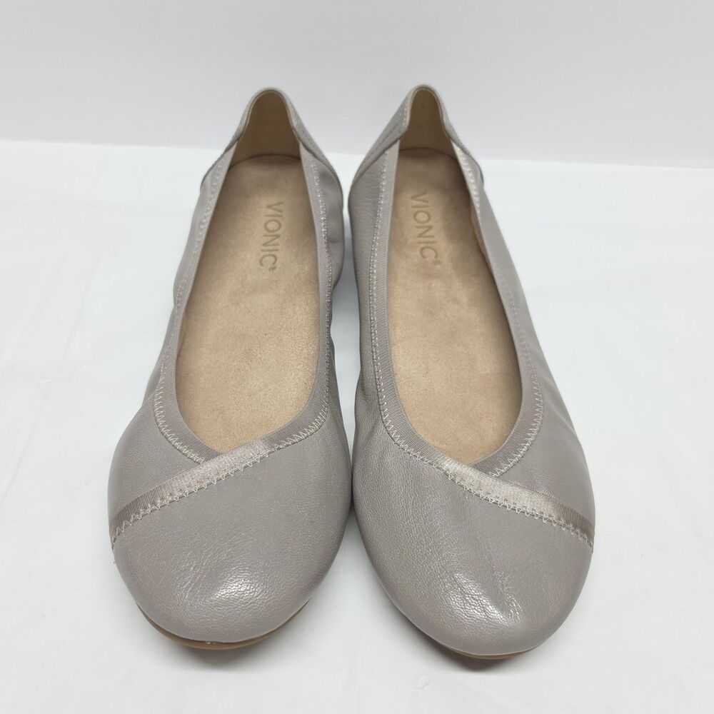 Vionic Caroll Ballet Flats Womens 9 Gray Grey Leather Walking Comfort Slip On
